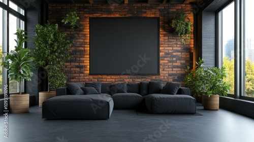 Dark and moody living room with a sectional sofa, large framed artwork, and lush greenery. A modern, stylish interior design.