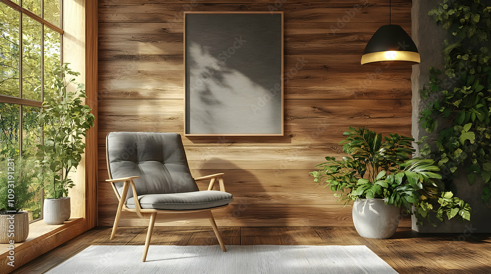 3D Illustration Cozy Room Interior Wood Paneling, Plants, Armchair 3D Illustration Cozy Room Interior Wood Paneling, Plants, Armchair