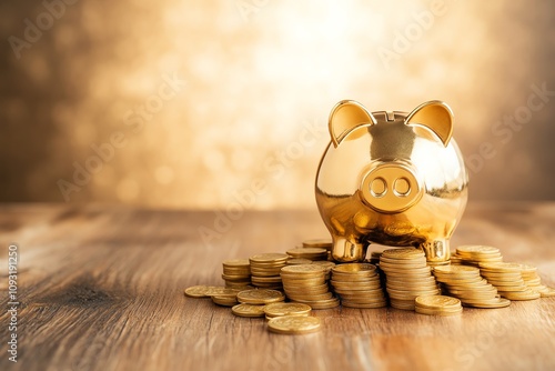 Golden piggy bank surrounded by coins on a wooden surface, reflecting savings and financial prosperity. photo