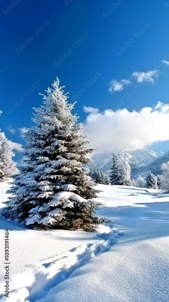 Naklejka premium Winter Wonderland Snowy Landscape with Frosty Pines Nature Retreat Scenic View Christmas Vibes Tranquil Environment