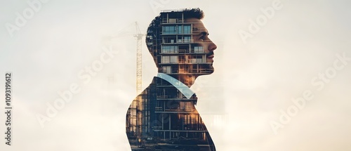 Double Exposure of Businessman with Urban Skyline and Construction Background Symbolizing Innovation, Growth, and Future Development in Architecture and Real Estate Sector
