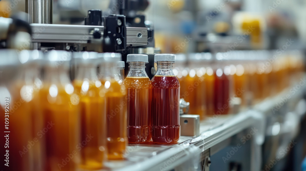A production line filled with bottles containing a brown liquid, showcasing an industrial setting for packaging beverages. A production line filled with bottles containing a brown liquid, showcasing an industrial setting for packaging beverages.