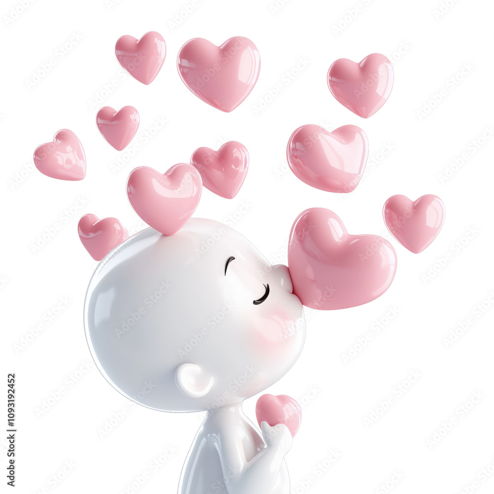 A 3D character blowing kisses with pink hearts floating away. A 3D character blowing kisses with pink hearts floating away.