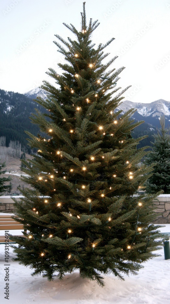 Winter Wonderland Illuminated Christmas Tree in a Snowy Mountain Landscape Holiday Spirit Tranquil Environment Outdoor Scene Winter Wonderland Illuminated Christmas Tree in a Snowy Mountain Landscape Holiday Spirit Tranquil Environment Outdoor Scene