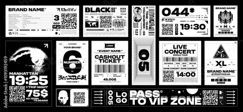 Brutalism label design pack. Futuristic assets for streetwear, event tickets and apparel branding. Retro Y2K and glitch aesthetics graphic elements. Vector set