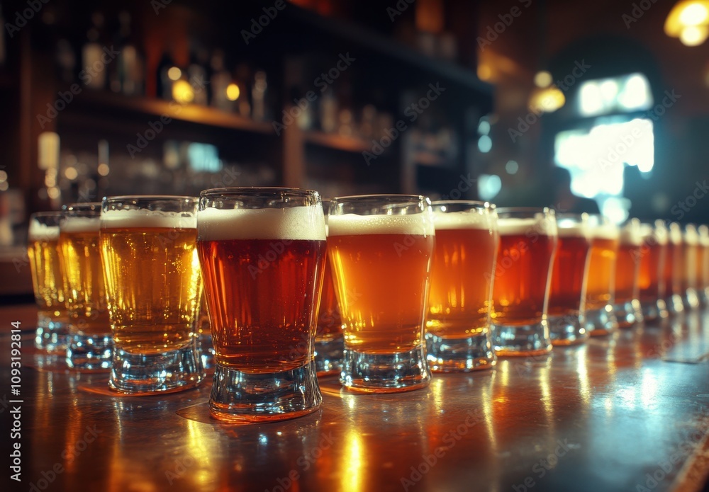 A Row of Different Beer Glasses Filled with Variety of Brews in a Rustic Bar Setting with Warm Lighting to Create a Welcoming Atmosphere for Beer Lovers A Row of Different Beer Glasses Filled with Variety of Brews in a Rustic Bar Setting with Warm Lighting to Create a Welcoming Atmosphere for Beer Lovers