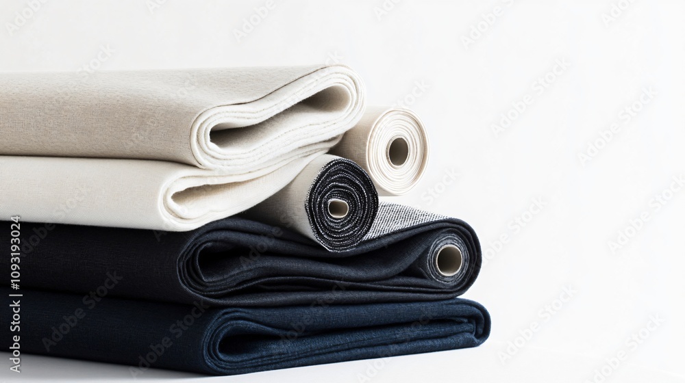 Stack of folded and rolled fabrics showing variety of textures and colors Stack of folded and rolled fabrics showing variety of textures and colors