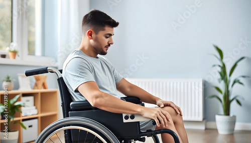 Young Man On Wheelchair With Paraplegia Training At Home isolated with white highlights, png