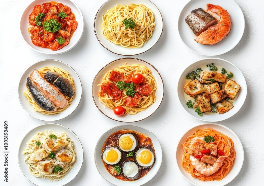A Stunning Display of Assorted Pasta Dishes Featuring Shrimp, Salmon, and Fresh Ingredients Arranged in Plates for an Exquisite Dining Experience A Stunning Display of Assorted Pasta Dishes Featuring Shrimp, Salmon, and Fresh Ingredients Arranged in Plates for an Exquisite Dining Experience