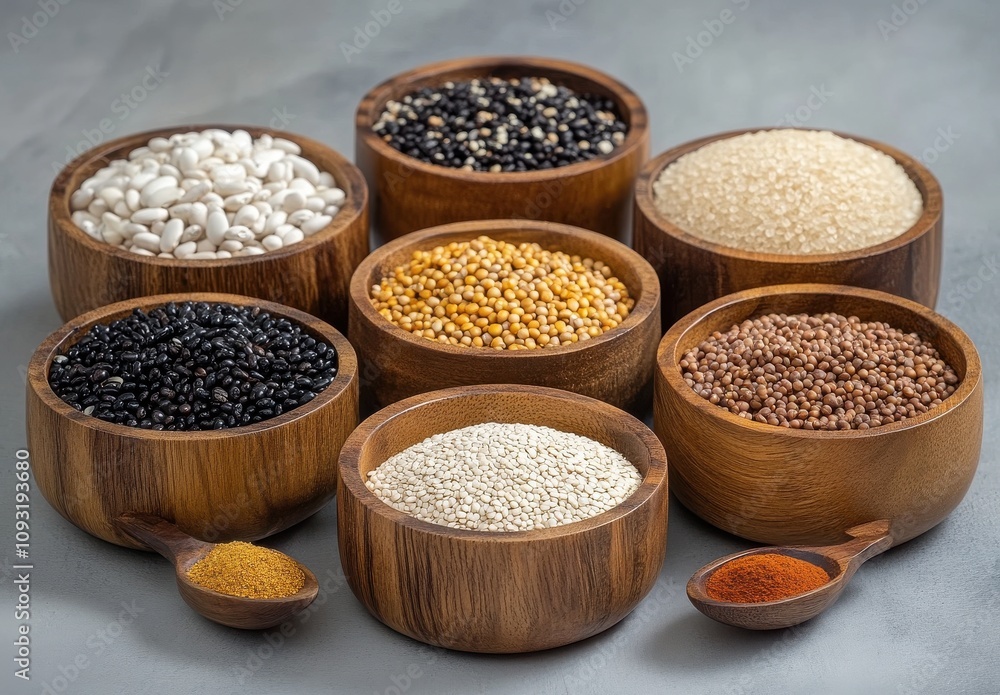 A Variety of Colorful Grains and Seeds in Wooden Bowls Displayed on a Gray Surface, Capturing the Richness and Diversity of Natural Ingredients for Culinary Use A Variety of Colorful Grains and Seeds in Wooden Bowls Displayed on a Gray Surface, Capturing the Richness and Diversity of Natural Ingredients for Culinary Use