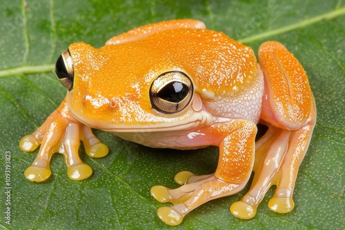 Orange tree frog on a lush green leaf detailed macro shot emphasizing texture and harmony with nature s palette photo