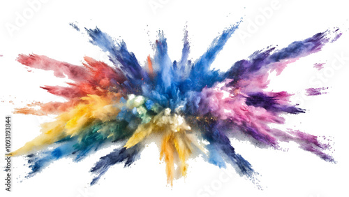 Rainbow Explosion of Colorful Powder.Multicolored Powder Explosion Isolated on White Background. colorful vibrant rainbow Holi paint color powder explosion with bright colors isolated white background