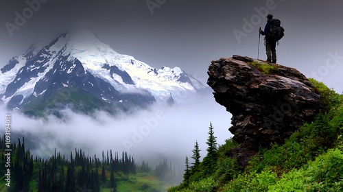 Hiker Standing on Rocky Ledge Surrounded by Majestic Mountains and Lush Greenery with Mist Shrouding the Scenic Landscape