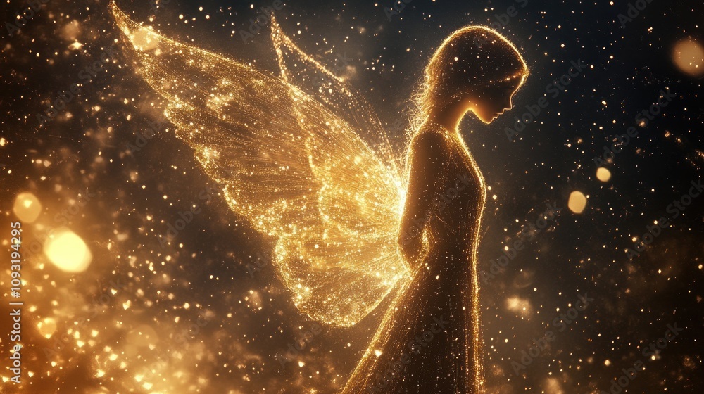 A glowing angel in a starry sky, her wings like delicate lace, illuminated by soft golden sparkles A glowing angel in a starry sky, her wings like delicate lace, illuminated by soft golden sparkles