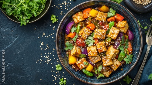 Delicious vegetarian stir-fry with tofu and colorful vegetables home kitchen culinary photography modern environment fresh ingredients