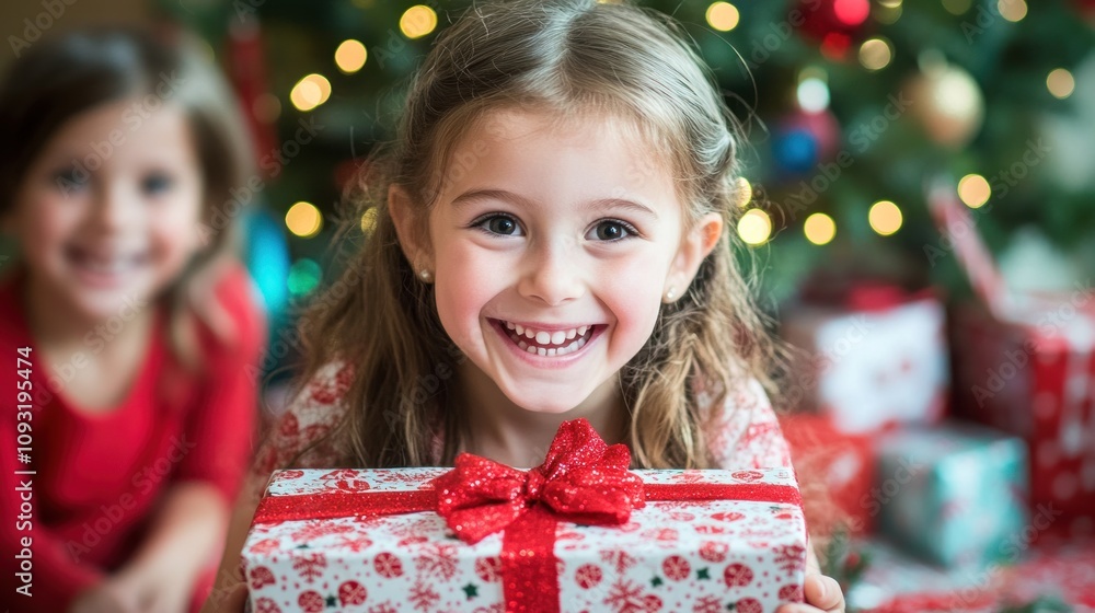 Happy Girl Holding Christmas Present Near Tree Happy Girl Holding Christmas Present Near Tree