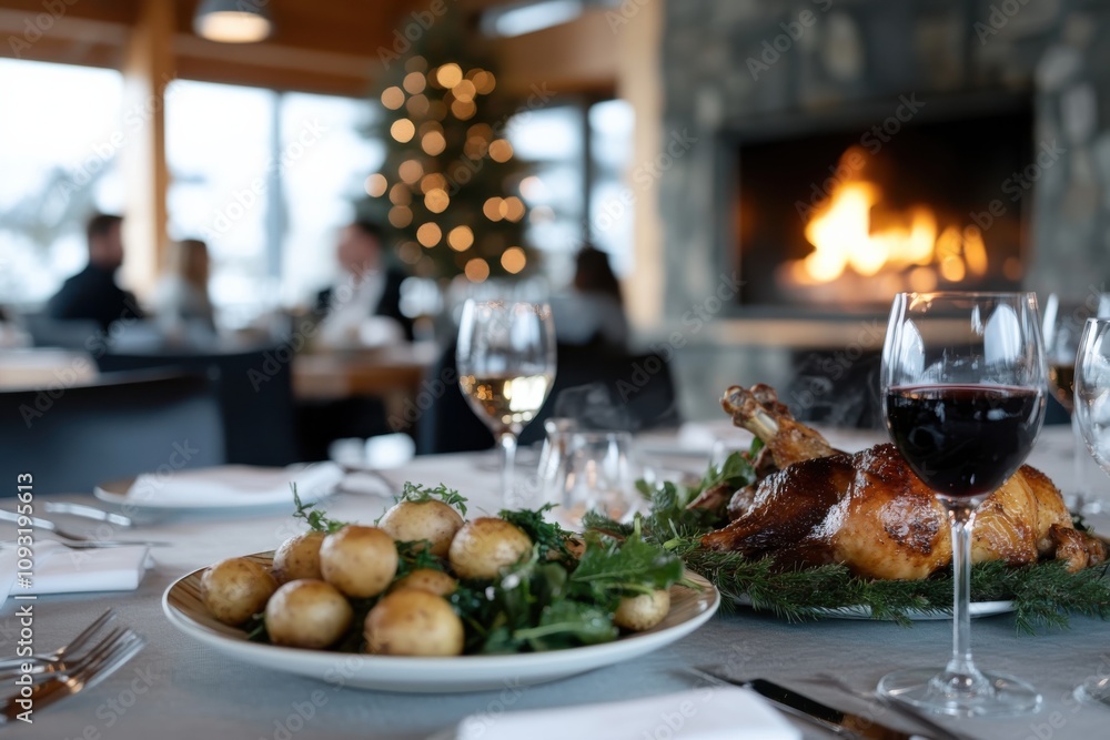 Charming dining layout showcasing roasted chicken, potatoes, and holiday decor, along with illuminated ambiance, creating a delightful space for festive celebration. Charming dining layout showcasing roasted chicken, potatoes, and holiday decor, along with illuminated ambiance, creating a delightful space for festive celebration.