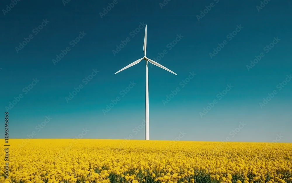A striking photograph of a white wind turbine standing tall in a vibrant yellow rapeseed field, with a clear blue sky in the background. A striking photograph of a white wind turbine standing tall in a vibrant yellow rapeseed field, with a clear blue sky in the background.