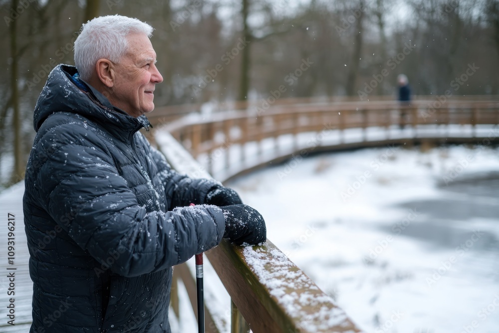 A contemplative senior man stands by a frozen lake, gazing at the serene winter landscape and enjoying the peaceful ambiance of the snowy surroundings. A contemplative senior man stands by a frozen lake, gazing at the serene winter landscape and enjoying the peaceful ambiance of the snowy surroundings.