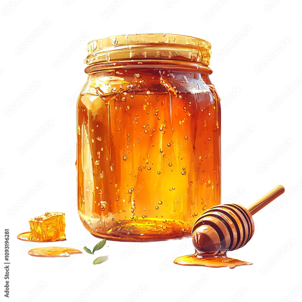 Glass Jar of Honey with Wooden Dipper on Clear Background