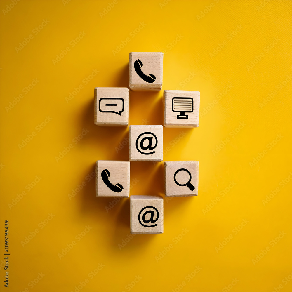 Wooden cubes with contact icons phone, email, website, and live chat on a bright yellow background symbolizing customer support and accessibility Wooden cubes with contact icons phone, email, website, and live chat on a bright yellow background symbolizing customer support and accessibility