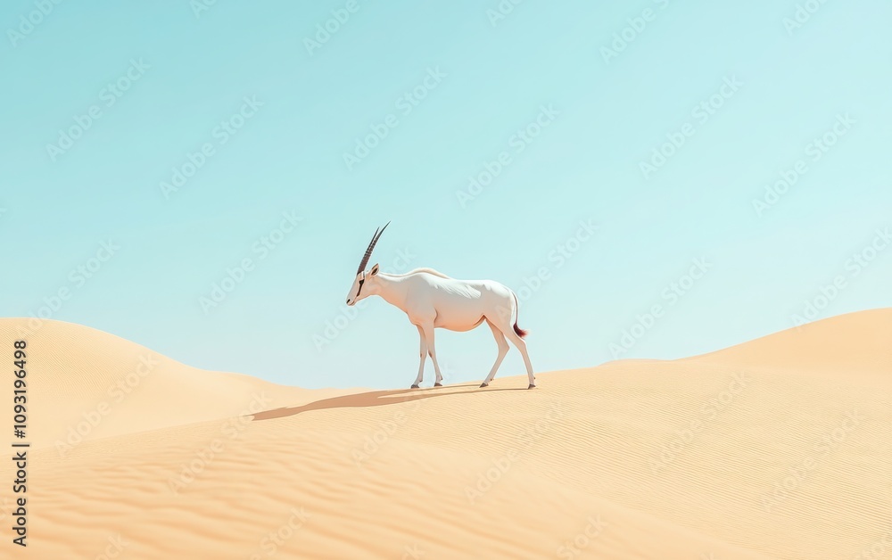 A stunning photograph of an oryx, a white or Arabian antelope, gracefully standing on the sand dunes of the desert, set against a clear blue sky. A stunning photograph of an oryx, a white or Arabian antelope, gracefully standing on the sand dunes of the desert, set against a clear blue sky.