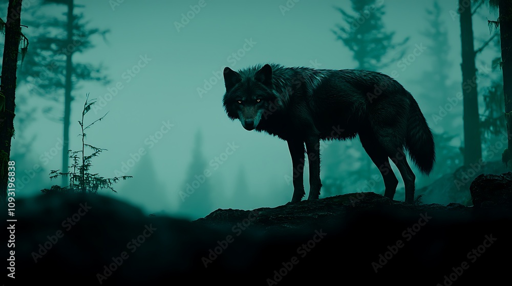 Fototapeta premium Majestic Wolf Standing Proudly in Dense Forest Surrounded by Mist, Capturing the Essence of Wilderness and Natural Beauty in Enigmatic Atmosphere