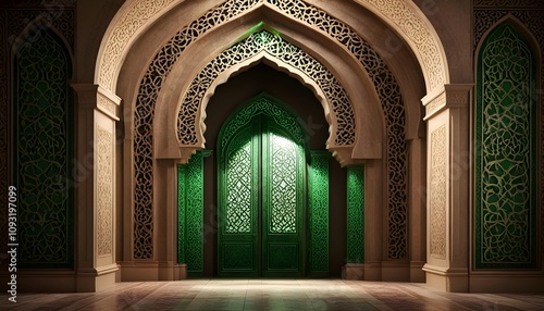 Mystical Arabic Archway with Green Light and Arabesque Details