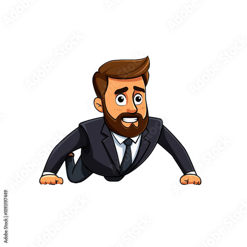 cartoon man in suit is doing push ups with focused determination, showcasing strength and motivation. This animated character embodies spirited workout attitude