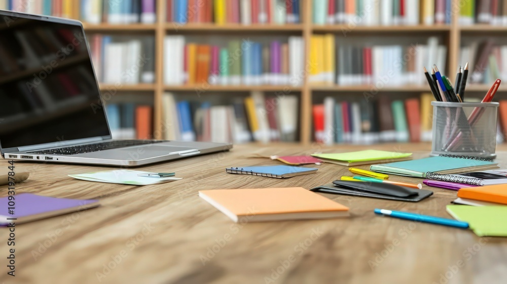 A wooden desk close-up with a laptop, various notepads, and pens scattered, against a blurry background of bookshelves filled with colorful books A wooden desk close-up with a laptop, various notepads, and pens scattered, against a blurry background of bookshelves filled with colorful books