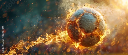 A fiery ball, likely related to soccer, is central in a vibrant and dramatic image surrounded by flames, sparks, and smoke on a dark backdrop.