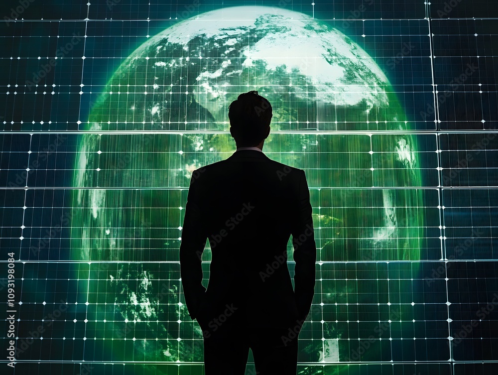 Businessman Contemplating the Future of Technology with a Green Globe Background, Symbolizing Innovation, Sustainability, and Global Connectivity in Digital Era Businessman Contemplating the Future of Technology with a Green Globe Background, Symbolizing Innovation, Sustainability, and Global Connectivity in Digital Era