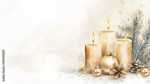 watercolor golden candle pine shimmering ornaments christmas accessories banner presentation wallpaper background