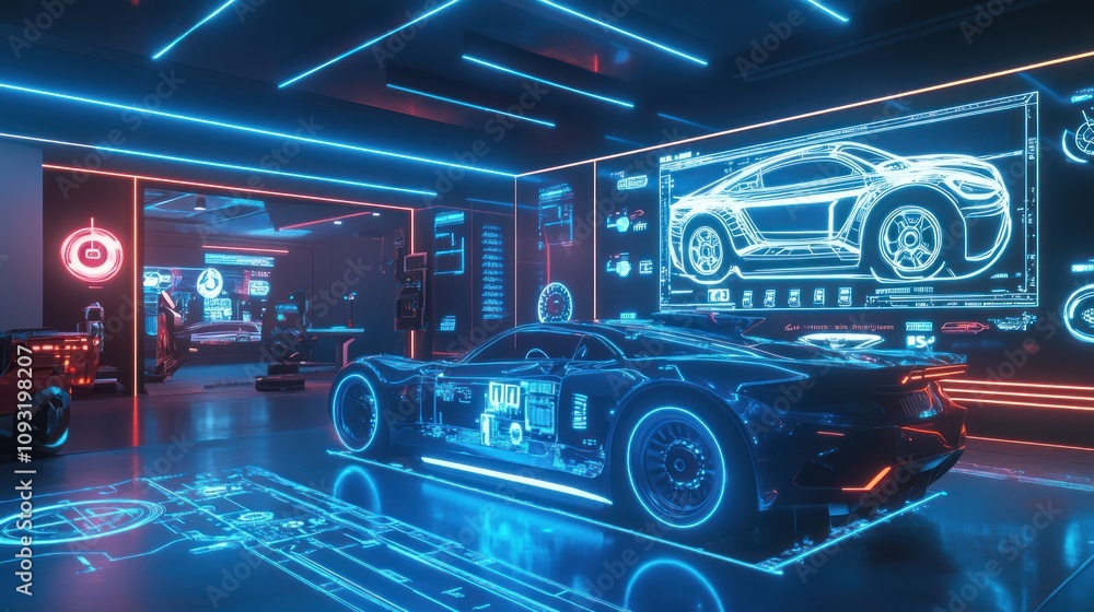 A holographic car interface in a sleek futuristic room, glowing controls, and augmented reality schematics displayed in bright, neon-blue light A holographic car interface in a sleek futuristic room, glowing controls, and augmented reality schematics displayed in bright, neon-blue light