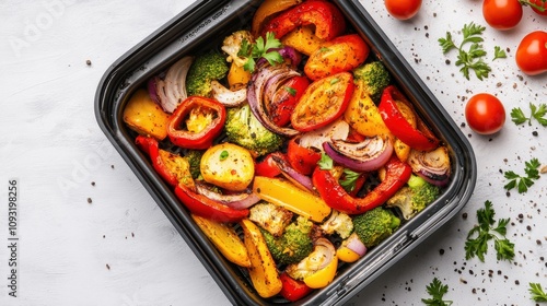Colorful Vegetables in Air Fryer Basket on White Background
