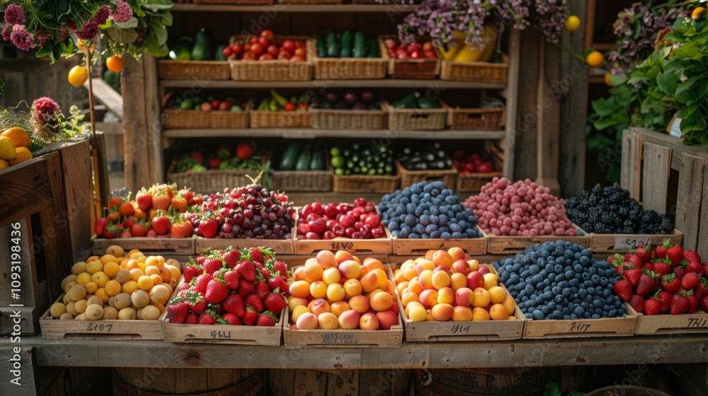 A vibrant display of fruits and vegetables in wooden boxes at a market. Includes apples, oranges, strawberries, and blueberries. A vibrant display of fruits and vegetables in wooden boxes at a market. Includes apples, oranges, strawberries, and blueberries.