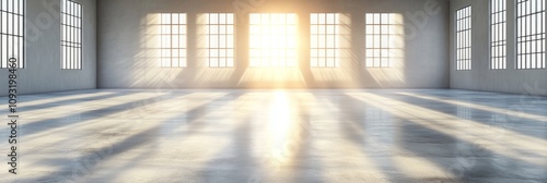 Sunbeams illuminate a vast, empty industrial space. The polished concrete floor reflects the warm, golden light streaming through large windows, creating a serene and inspiring atmosphere. photo