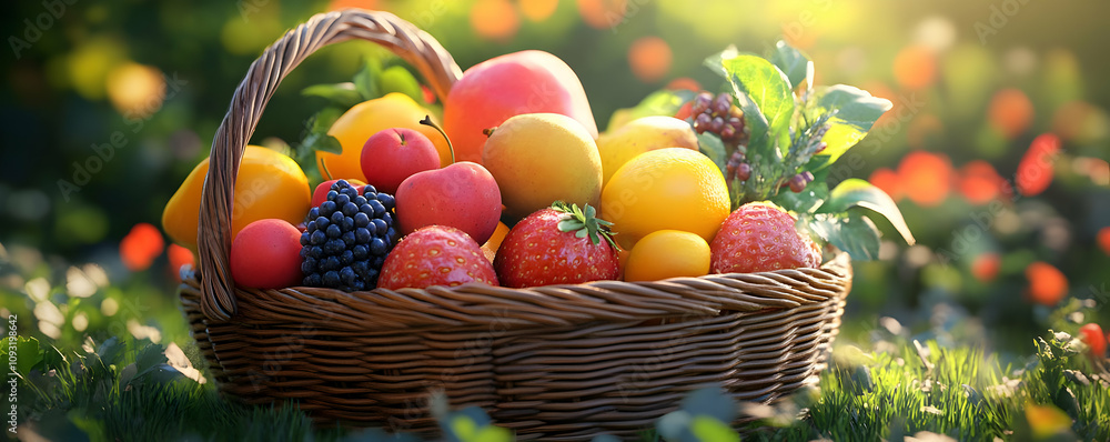 3D Illustration of a Basket of Fruits in a Sunny Garden 3D Illustration of a Basket of Fruits in a Sunny Garden