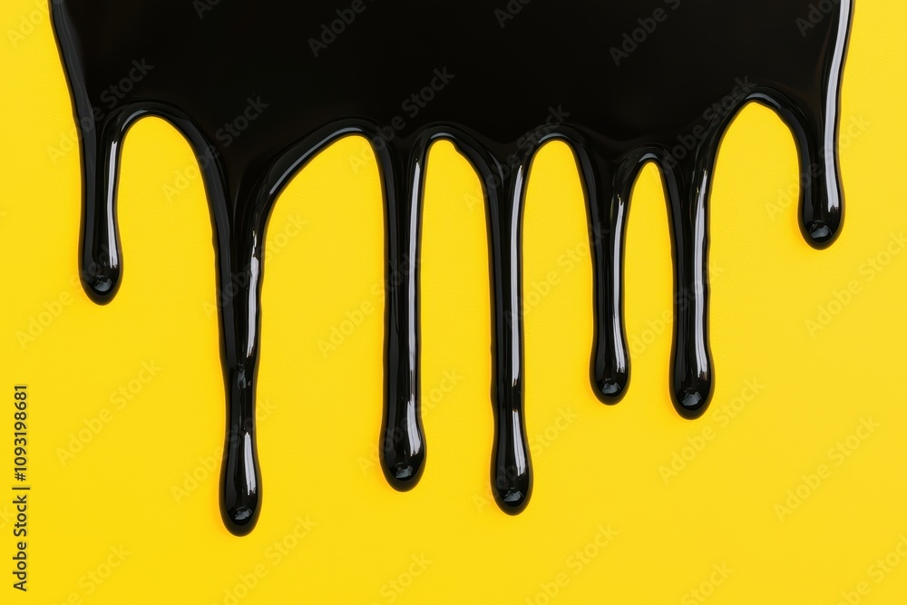 Black liquid drips on bright yellow background bold abstract pattern emphasizing texture motion and contemporary art style Black liquid drips on bright yellow background bold abstract pattern emphasizing texture motion and contemporary art style