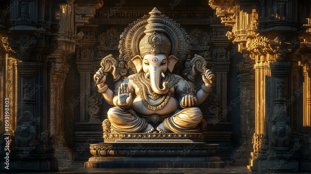 Massive Carved Granite Lord Ganesha Statue in Ancient Indian Temple Complex Intricate Geometric and Floral Patterns Adorning the Surface Bathed in Warm Golden Light Filtering Through Ornate Archways Massive Carved Granite Lord Ganesha Statue in Ancient Indian Temple Complex Intricate Geometric and Floral Patterns Adorning the Surface Bathed in Warm Golden Light Filtering Through Ornate Archways