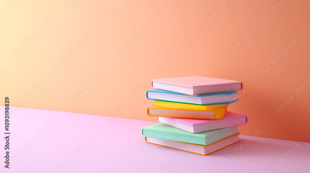 Vibrant 3D Stack of Colorful Books on Peach Background with Clean Aesthetic for Text or Logos