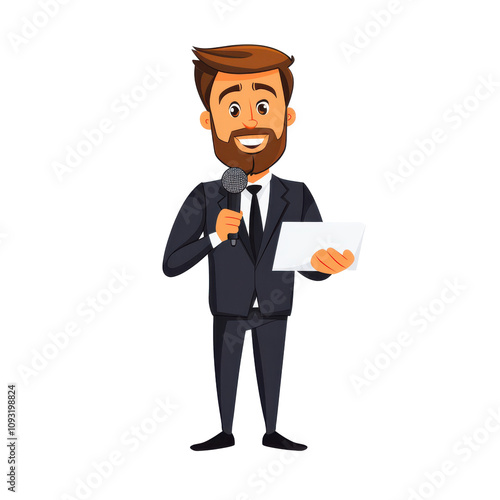 Cartoon man in suit holding microphone and paper, smiling confidently. Perfect for presentations or events