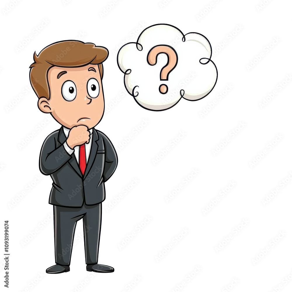 Cartoon man in suit holding his chin, looking puzzled with question mark above. This illustration captures curiosity and contemplation Cartoon man in suit holding his chin, looking puzzled with question mark above. This illustration captures curiosity and contemplation