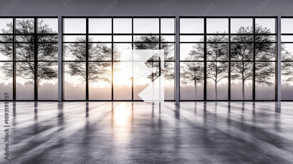 Naklejka premium Sunrise through large windows in a minimalist room. The warm light casts shadows on the polished floor, creating a serene atmosphere. 