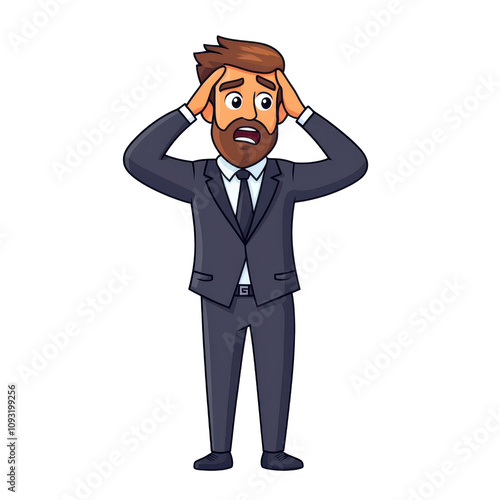 Cartoon man in suit holding his head with both hands, expressing stress and concern. This illustration captures moment of anxiety in professional setting