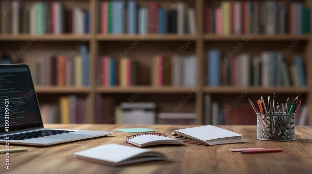 A wooden desk close-up with a laptop, open notepads, and scattered pens, set against a blurry bookshelf backdrop filled with books A wooden desk close-up with a laptop, open notepads, and scattered pens, set against a blurry bookshelf backdrop filled with books