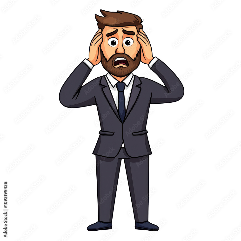 Cartoon man in suit holding his head with both hands, expressing stress and concern. This illustration captures moment of anxiety and frustration in professional setting Cartoon man in suit holding his head with both hands, expressing stress and concern. This illustration captures moment of anxiety and frustration in professional setting