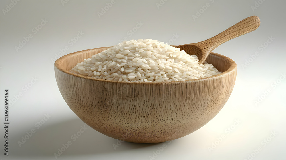Photo: Rice Grains in Wooden Bowl with Spoon Photo: Rice Grains in Wooden Bowl with Spoon
