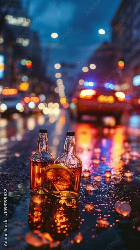Artistic night scene with upside-down beer bottles on wet road amid colorful lights, evoking dreamy ambiance. Artistic night scene with upside-down beer bottles on wet road amid colorful lights, evoking dreamy ambiance.