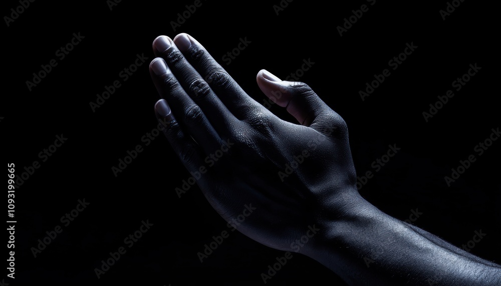 Fototapeta premium Dark dramatic composition of hands in prayer muted lighting evoking deep emotion and spiritual reflection